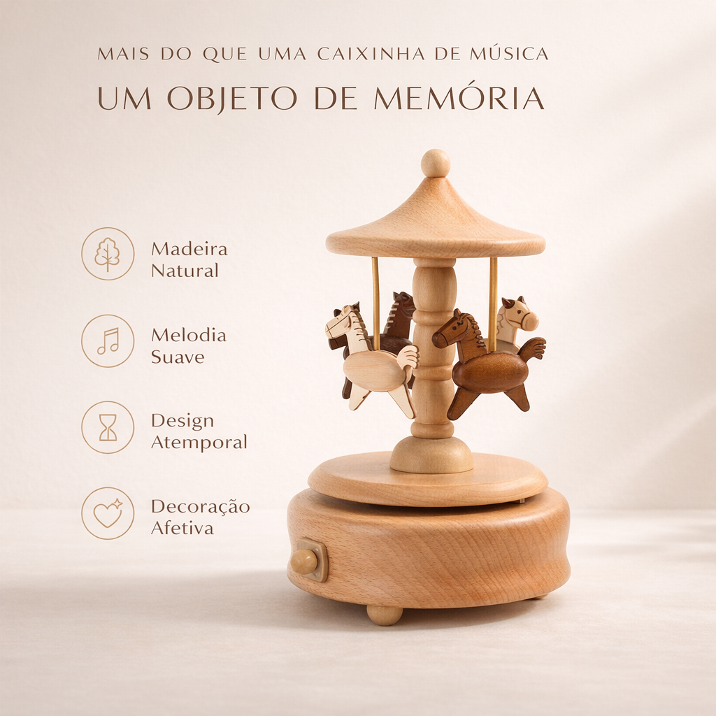 Caixa de Música Vintage de Madeira com design de carrusel, da marca Minimalist House Shop, detalhada e elegante.