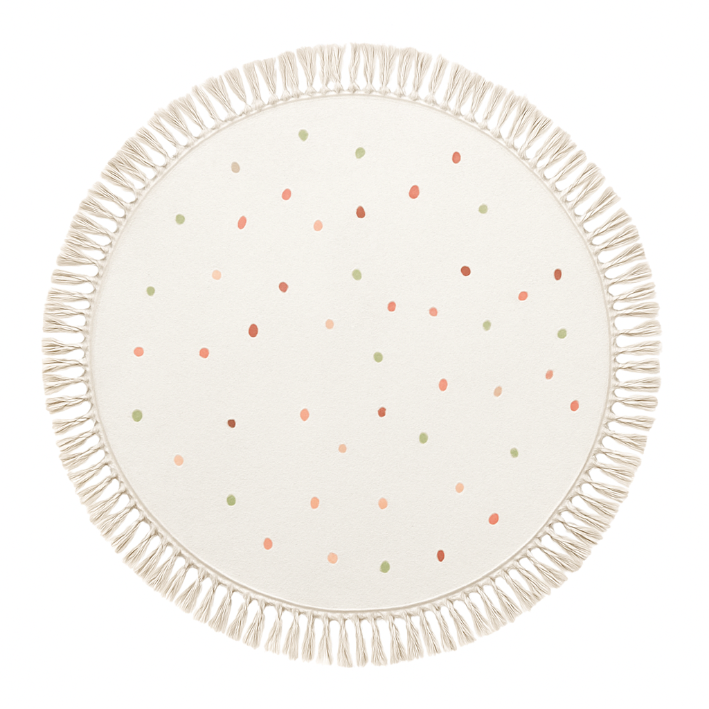 Tapete infantil circular Kids Dreams com estampa de lunares, ideal para quarto de bebê, da marca Minimalist House Shop.
