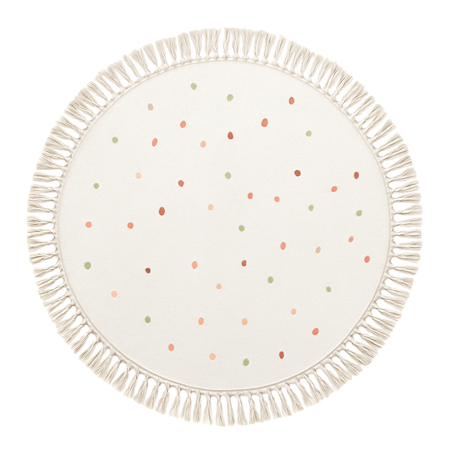 Tapete infantil circular Kids Dreams com estampa de lunares, ideal para quarto de bebê, da marca Minimalist House Shop.