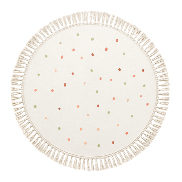 Tapete infantil circular Kids Dreams com estampa de lunares, ideal para quarto de bebê, da marca Minimalist House Shop.