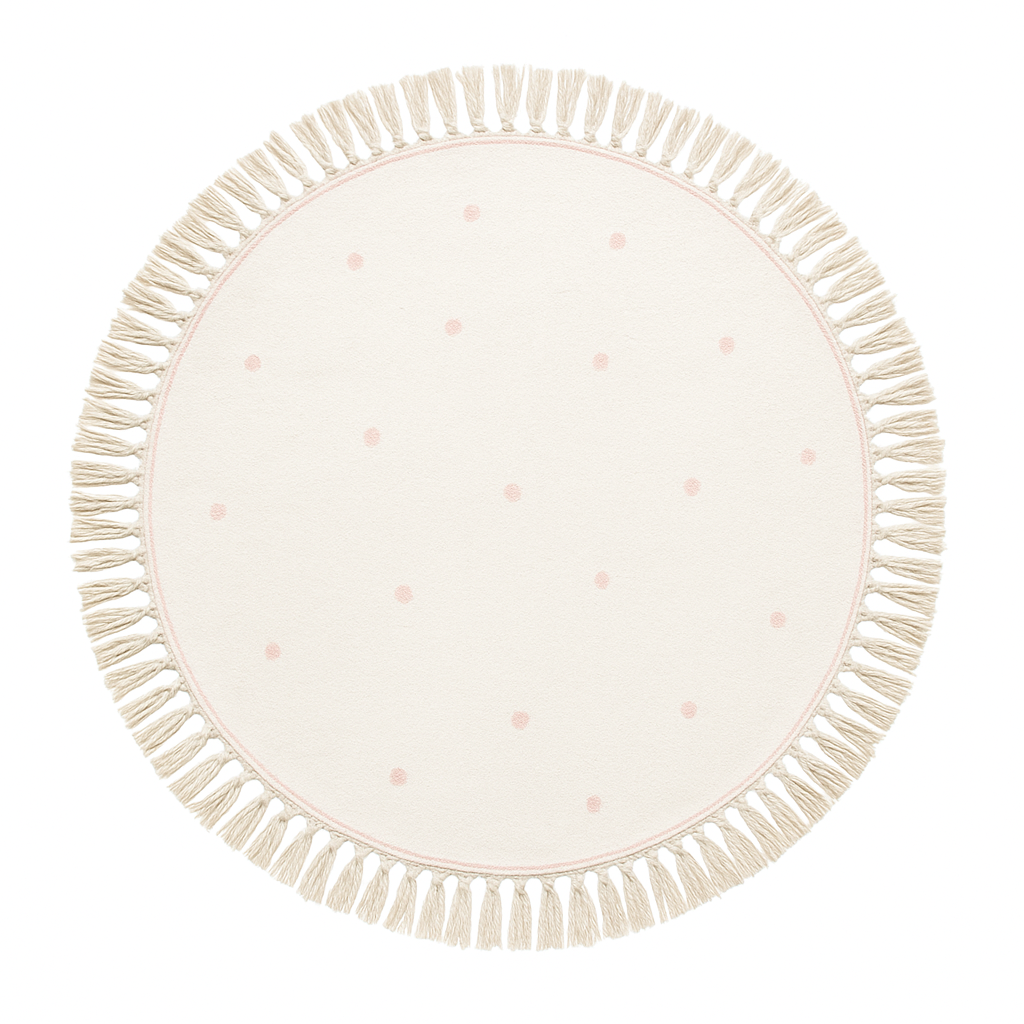 Tapete infantil circular Kids Dreams com estampa de lunares, feito pela Minimalist House Shop, ideal para quartos de crianças.