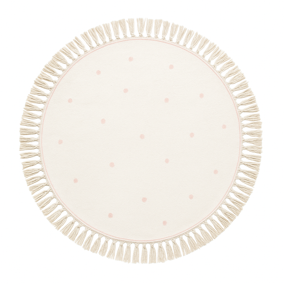 Tapete infantil circular Kids Dreams com estampa de lunares, feito pela Minimalist House Shop, ideal para quartos de crianças.