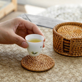 Posavasos de Ratán – Juego de 6 Piezas con Soporte