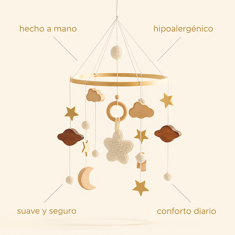 Móvil para Cuna – Cielo en Algodón y Madera