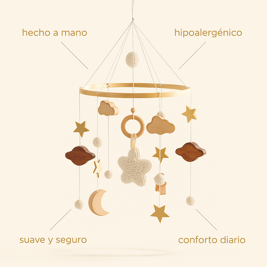 Móvil para Cuna – Cielo en Algodón y Madera
