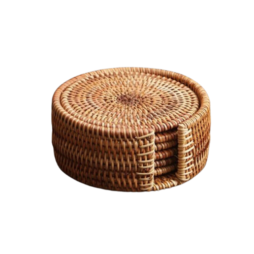 Posavasos de Ratán – Juego de 6 Piezas con Soporte
