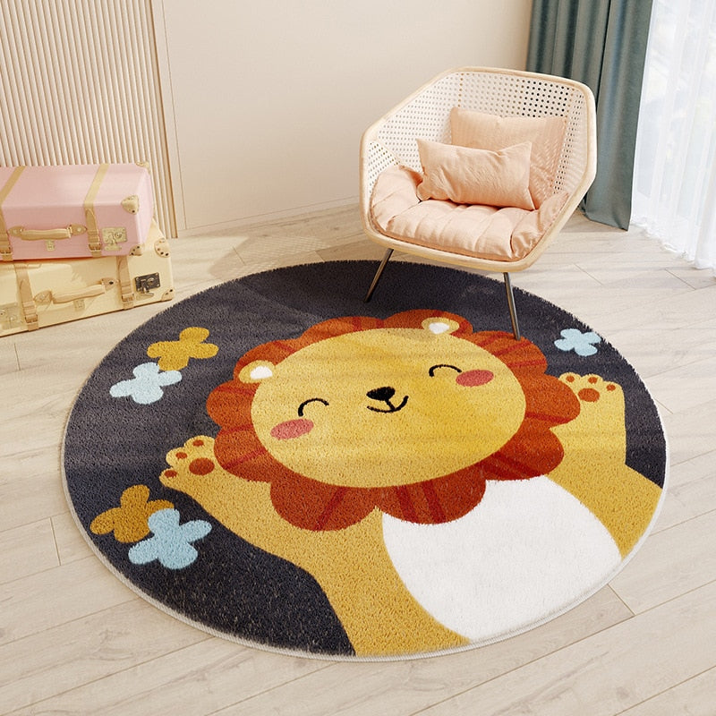 Alfombra redonda para quarto infantil com desenhos de animais, da marca Minimalist House Shop, ideal para decoração de criança.