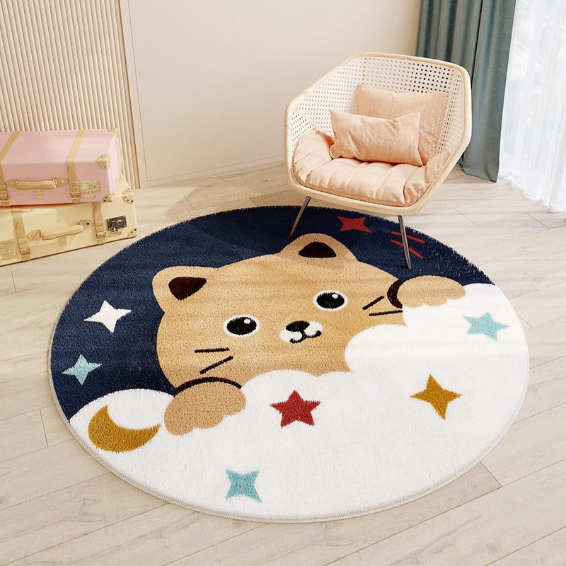 Alfombra redonda para quarto infantil com desenho de animais, da marca Minimalist House Shop, ideal para decoração de crianças.
