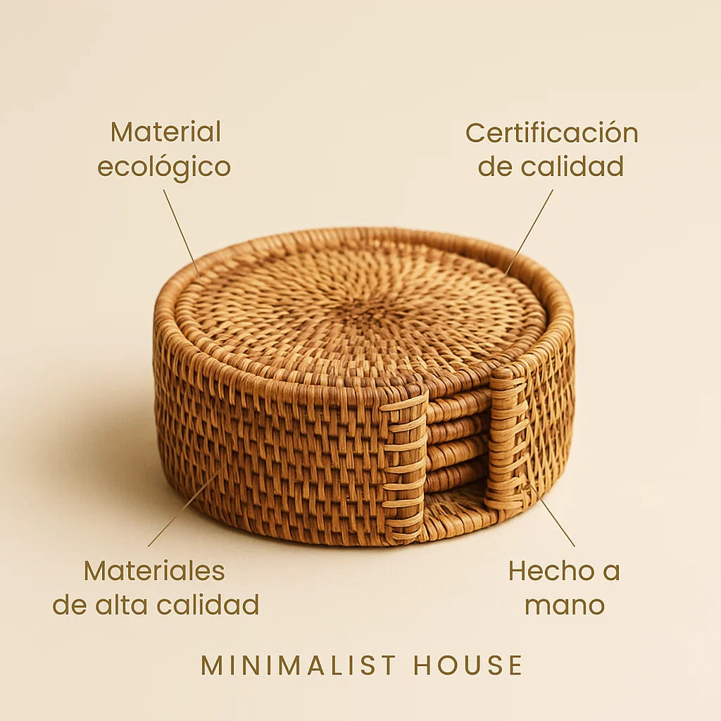 Posavasos de Ratán – Juego de 6 Piezas con Soporte - Minimalist House Shop