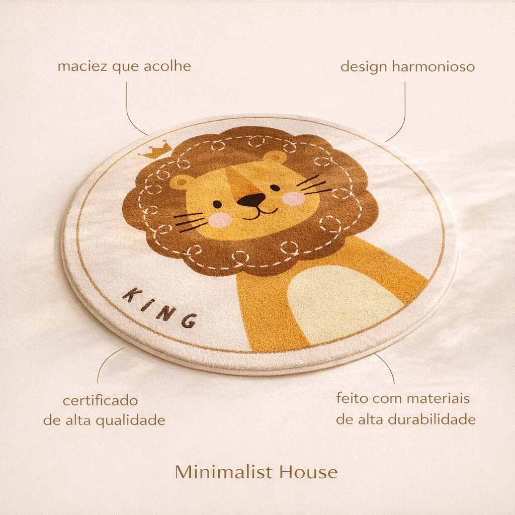 Alfombra redonda para quarto infantil com desenho de animais, da marca Minimalist House Shop, ideal para decoração infantil.