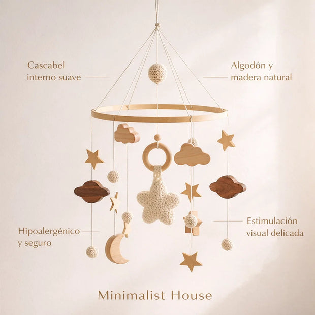 Móvil para Cuna – Cielo en Algodón y Madera - Minimalist House Shop